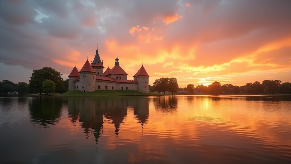 Trakų salos pilis su žalia gamta, dramatiškas dangus, saulelydžio šviesa